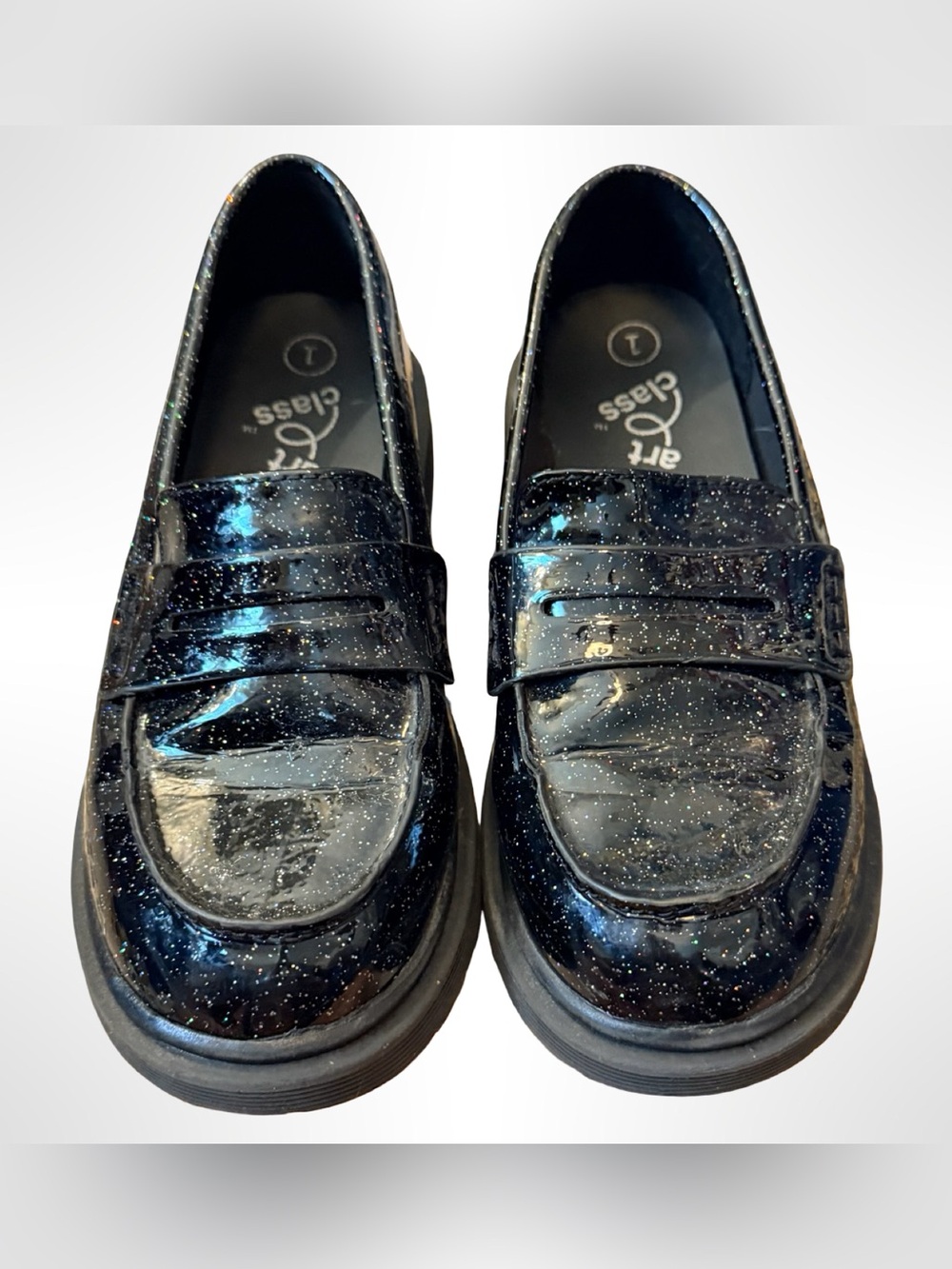 Art Class Girls’ Black Glitter Slip-On Loafers | Size 1